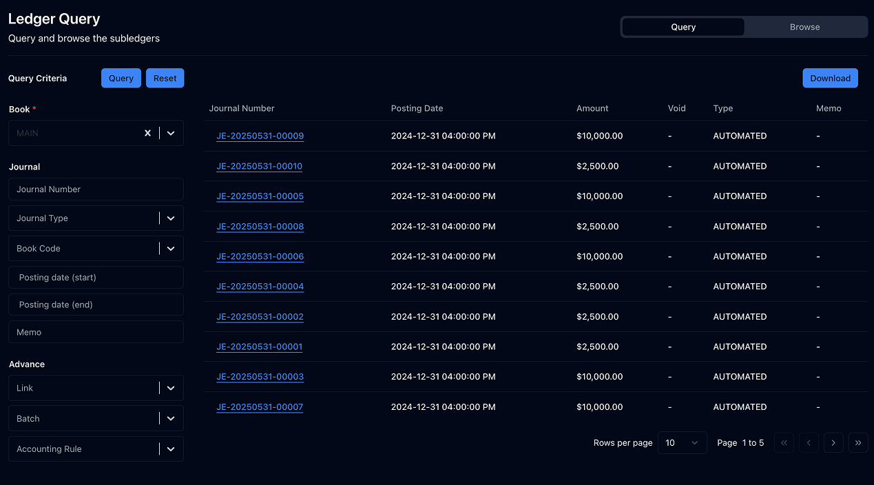 Links ledger query with filters by subledger, book code and date